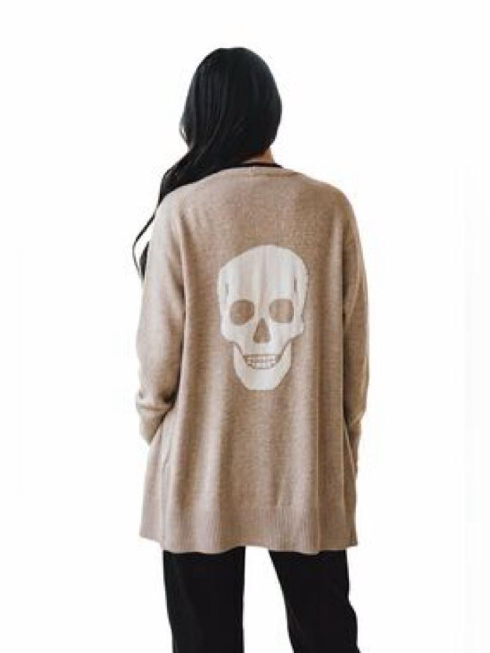 Beige Skull Back Open-Front Women's Sweater Cardigan Halloween Skull Skeleton M